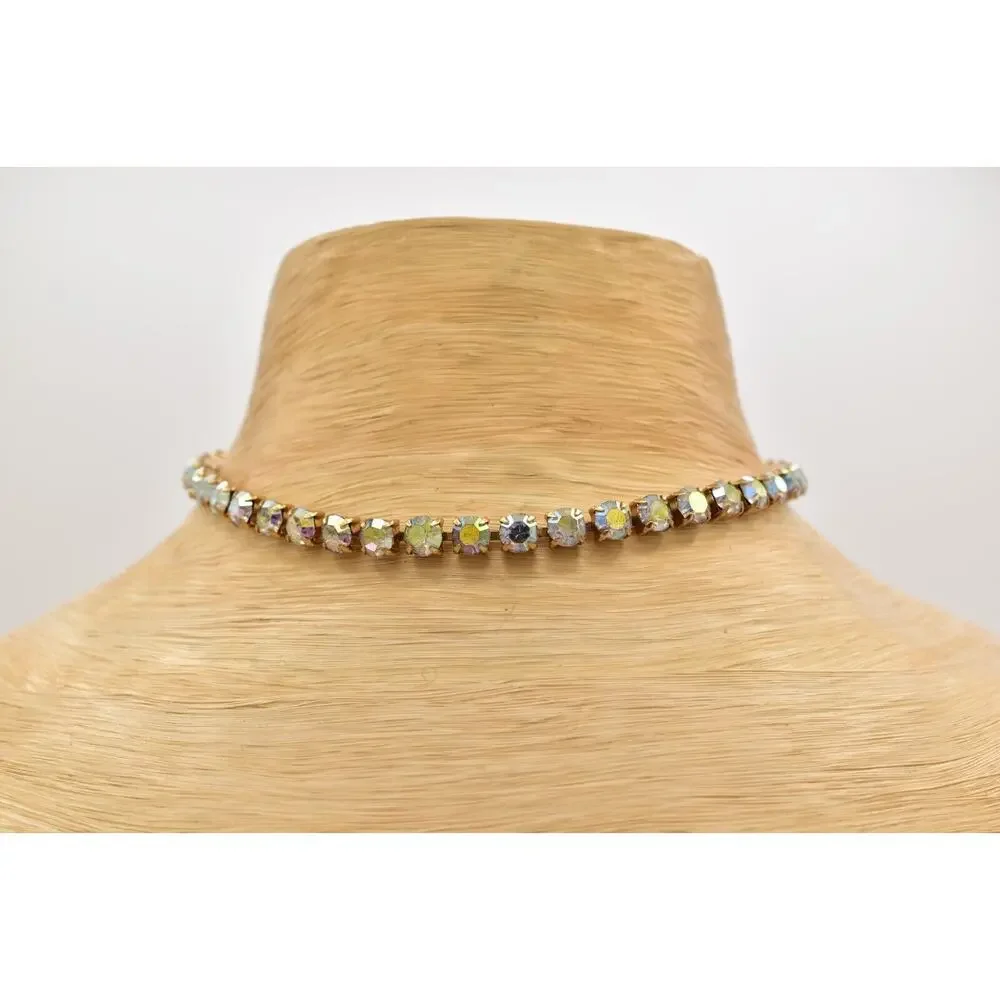Vintage Crystal Choker Necklace Aurora Borealis Round Prong Rhinestone 80s BinBL